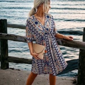 New Plunge V Neck Backless Boho Print Mini Dress Blue